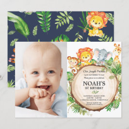 Jungle Animals 1st Birthday Greenery Safari Photo Inbjudningar
