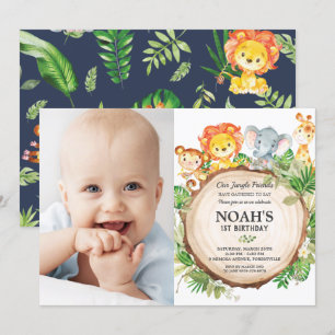 Jungle Animals 1st Birthday Greenery Safari Photo Inbjudningar