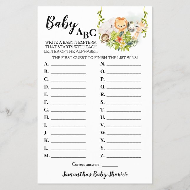 Jungle Animals Baby ABC Baby Shower Game Card Flygblad (Framsidan)