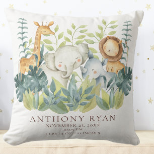 Jungle Animals Baby Birth Stats Pillow Kudde