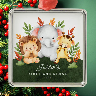 Jungle Animals Baby Första jul Julgransprydnad Metall