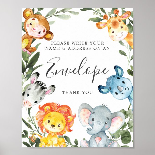 Jungle Animals Baby Shower Adress kuvert Sign Poster (Framsidan)