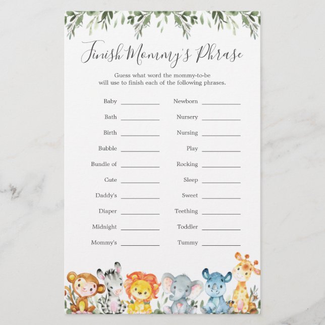 Jungle Animals Baby Shower Avslutar Mamma Phrase (Framsida)