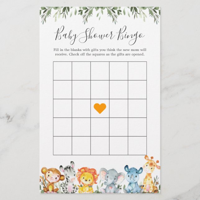 Jungle Animals Baby Shower Bingo Game (Framsida)