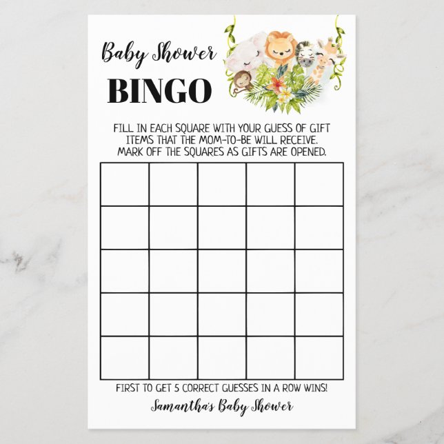 Jungle Animals Baby Shower Bingo Game Card Flygblad (Framsidan)
