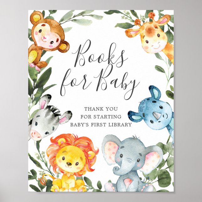 Jungle Animals Baby Shower Bokar för Baby-tecken Poster (Framsidan)