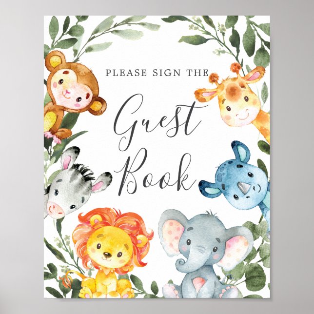 Jungle Animals Baby Shower Guestbook Sign Poster (Framsidan)
