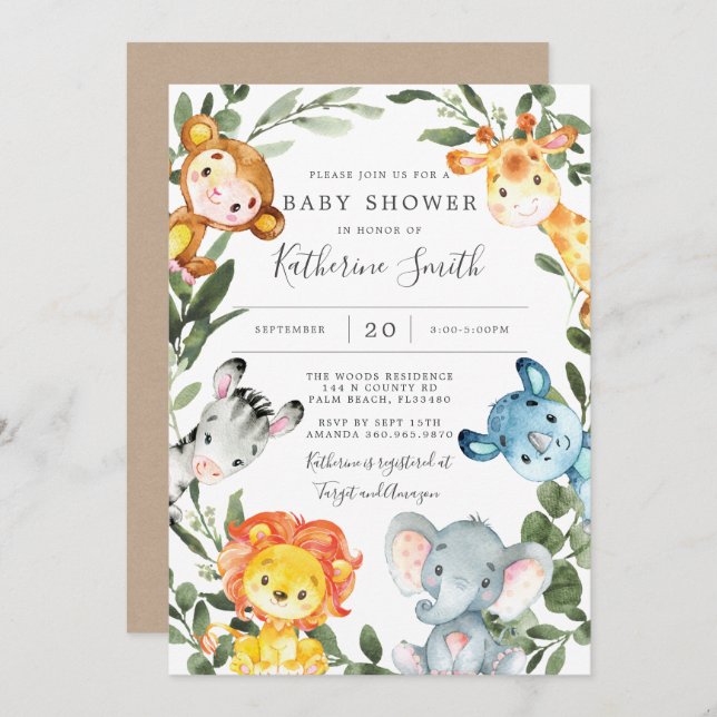 Jungle Animals Baby Shower-inbjudan Inbjudningar (Fram/baksida)