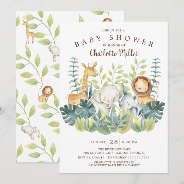 Jungle Animals Baby Shower Inbjudningar (Fram/baksida)