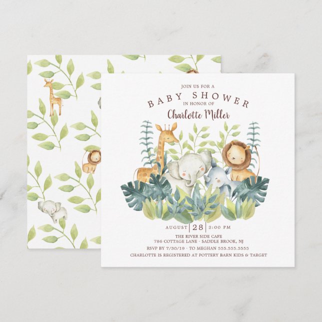 Jungle Animals Baby Shower Inbjudningar (Fram/baksida)