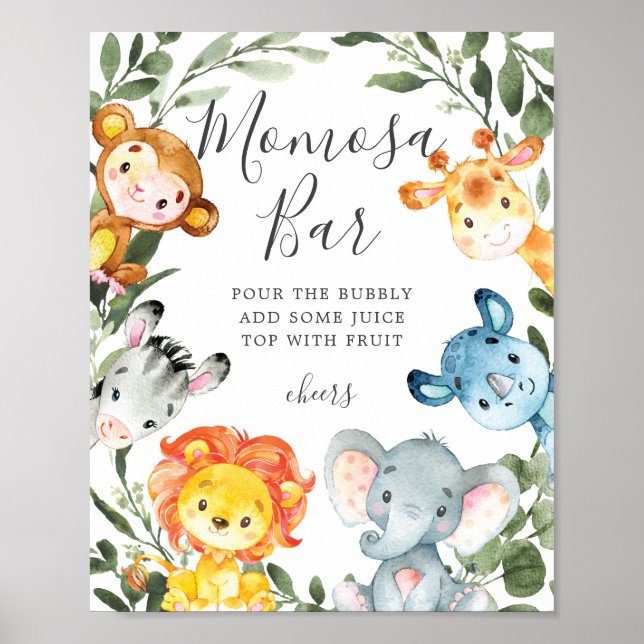 Jungle Animals Baby Shower Mimosa Pub Sign Poster (Framsidan)