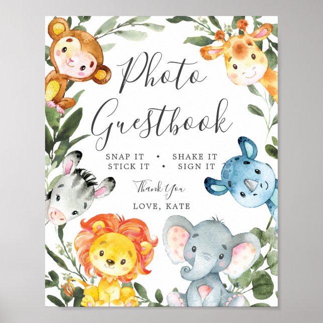 Jungle Animals Baby Shower Photo Guestbook-tecken Poster (Framsidan)