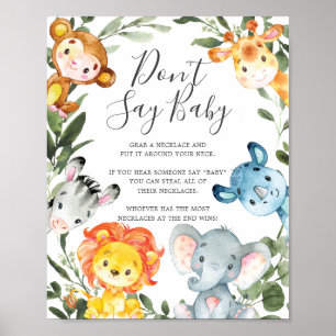 Jungle Animals Baby Shower Säg inte Baby-tecken Poster