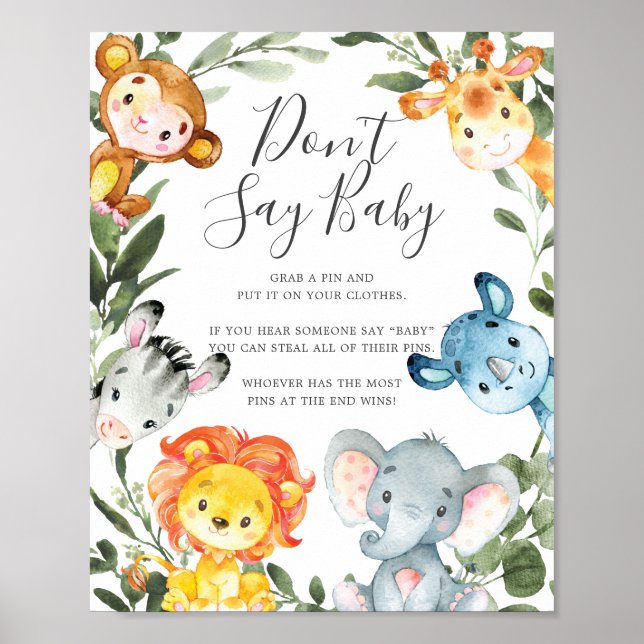 Jungle Animals Baby Shower Säg inte Baby-tecken Poster (Framsidan)
