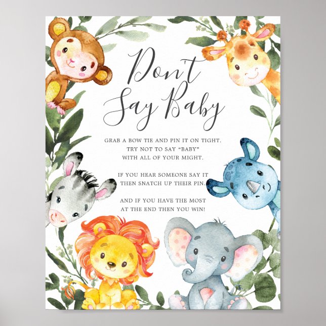 Jungle Animals Baby Shower Säg inte Baby-tecken Poster (Framsidan)