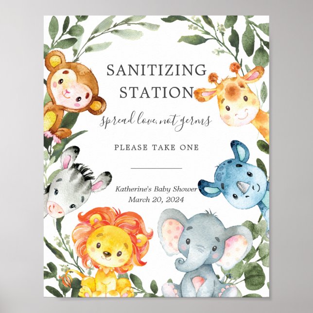 Jungle Animals Baby Shower Sanitizing Station Sign Poster (Framsidan)