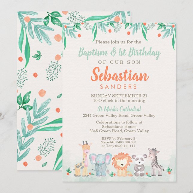 Jungle Animals Baptism 1:a födelsedagsinbjudan Inbjudningar (Fram/baksida)