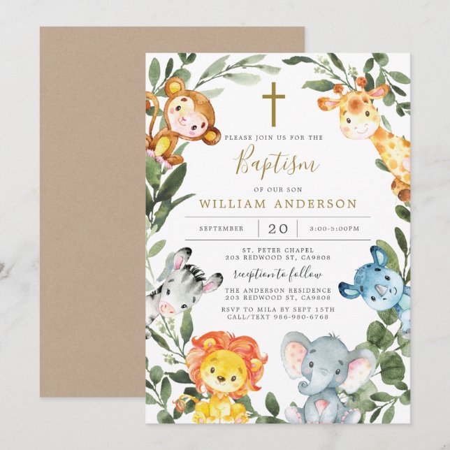 Jungle Animals Baptism/Christening Investigation Inbjudningar (Fram/baksida)