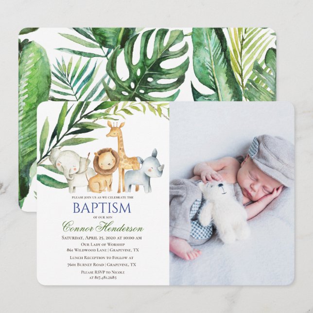 Jungle Animals Baptism Fotoinbjudan Inbjudningar (Fram/baksida)