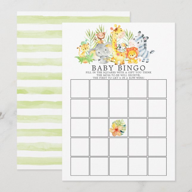 Jungle Animals BINGO Baby Shower Game Inbjudningar (Fram/baksida)