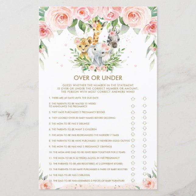 Jungle Animals Blommigt Baby över eller under spel (Framsida)