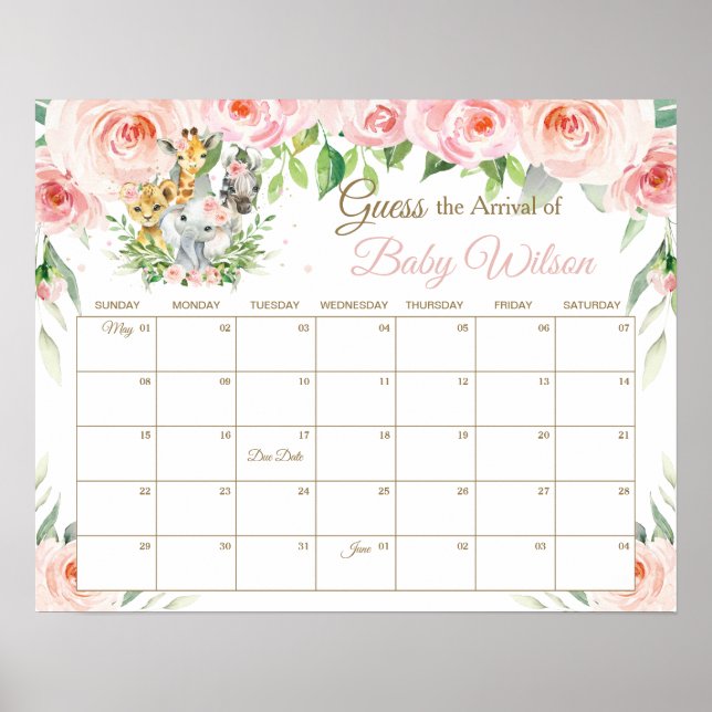 Jungle Animals Blommigt Gissa Baby Arrival Game Poster (Framsidan)