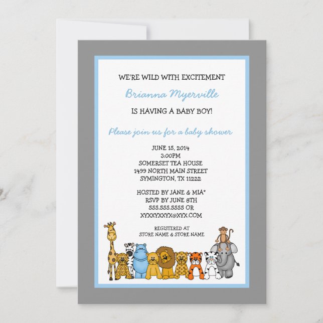 Jungle Animals Boy Baby Shower-Inbjudningskort Inbjudningar (Framsida)