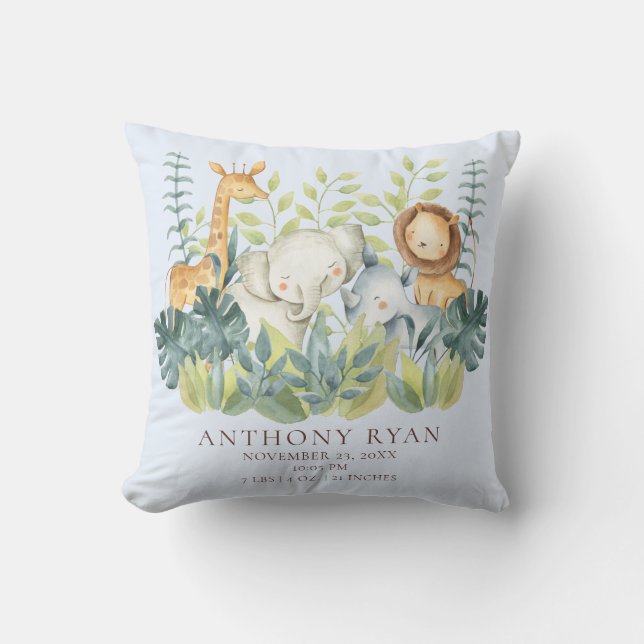 Jungle Animals Boys Baby Birth Stats Pillow Kudde (Framsida)