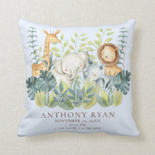 Jungle Animals Boys Baby Birth Stats Pillow Kudde
