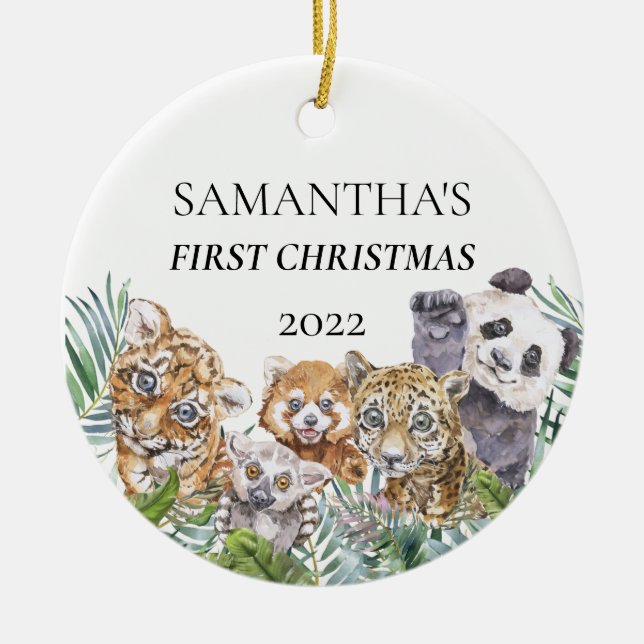 Jungle Animals Cute First jul Monogram Julgransprydnad Keramik (Framsidan)