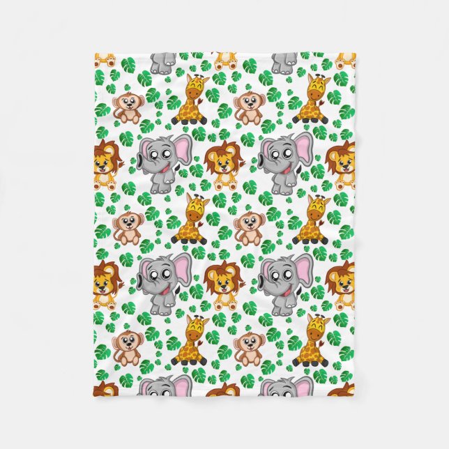 Jungle Animals Cute Safari Vild Tecknad Mönster Fleecefilt (Framsidan)