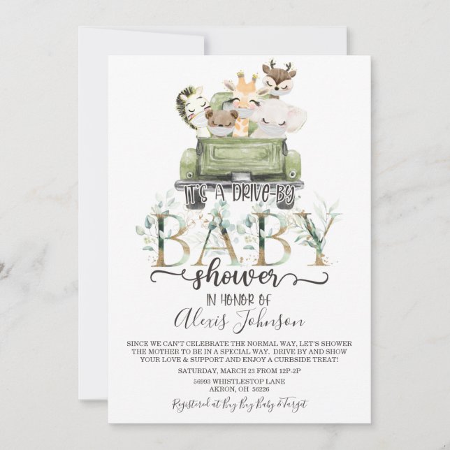 Jungle Animals Drive by Animal Baby Shower Inbjudningar (Framsida)