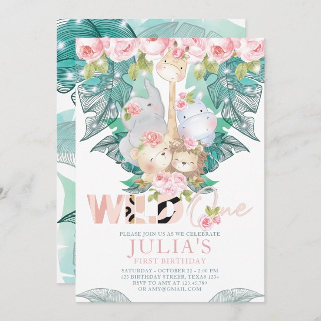 Jungle Animals First Birthday Cute Inbjudningar (Fram/baksida)