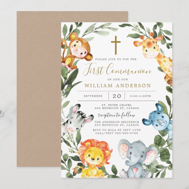 Jungle Animals First Communion-inbjudan Inbjudningar (Fram/baksida)