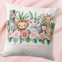 Jungle Animals Flicka Birth Stats Pillow Kudde