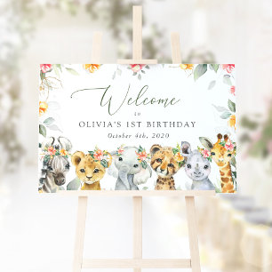 Jungle Animals, Flowers, First Birthday Welcome Poster
