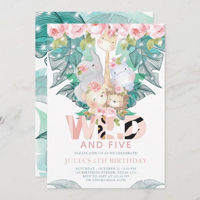 Jungle Animals Girl Birthday Cute Inbjudningar (Fram/baksida)
