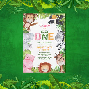Jungle Animals Girl Vild 1:a födelsedagen Inbjudningar
