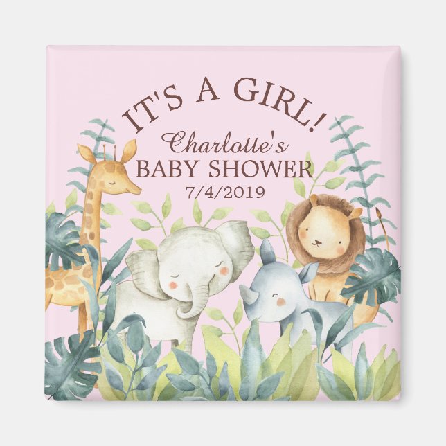 Jungle Animals Girls Baby Shower Favor Magnet (Framsidan)