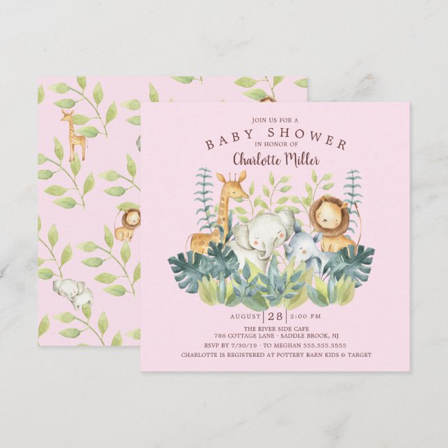 Jungle Animals Girls Baby Shower Inbjudningar (Fram/baksida)