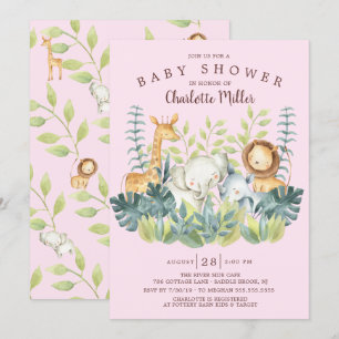 Jungle Animals Girls Baby Shower Inbjudningar