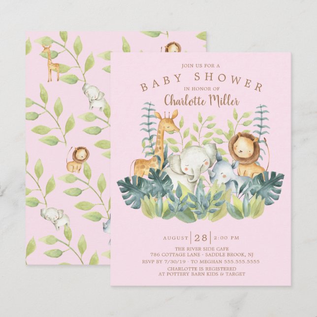 Jungle Animals Girls Baby Shower Inbjudningar (Fram/baksida)