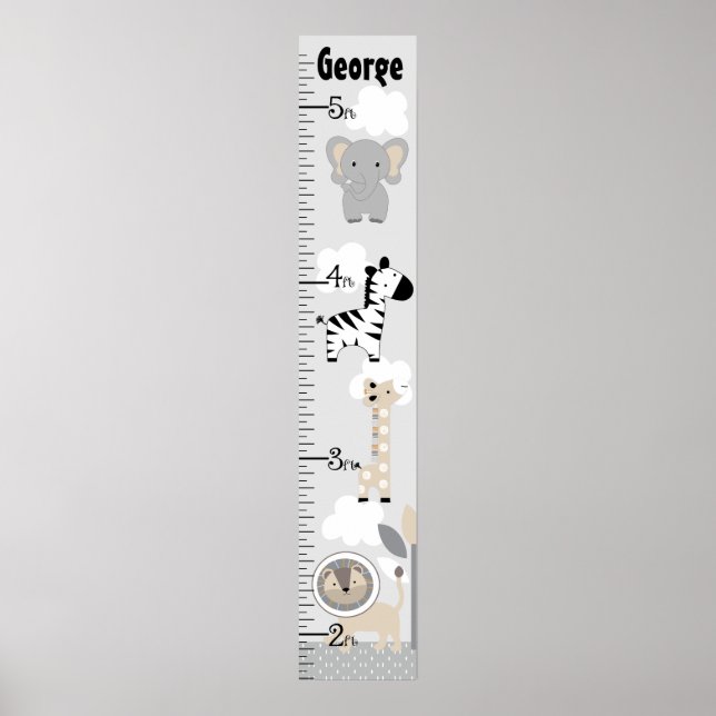 Jungle Animals Grått Growth Chart-Behålla vid 8x44 Poster (Framsidan)
