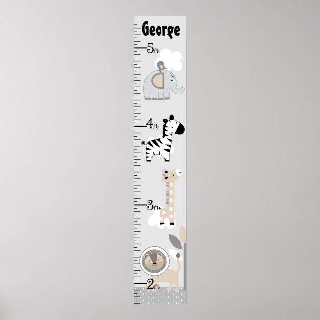 Jungle Animals Grått Growth Chart-Behålla vid 8x44 Poster (Framsidan)