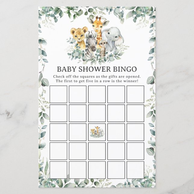 Jungle Animals Greenery Baby Shower Bingo Game (Framsida)
