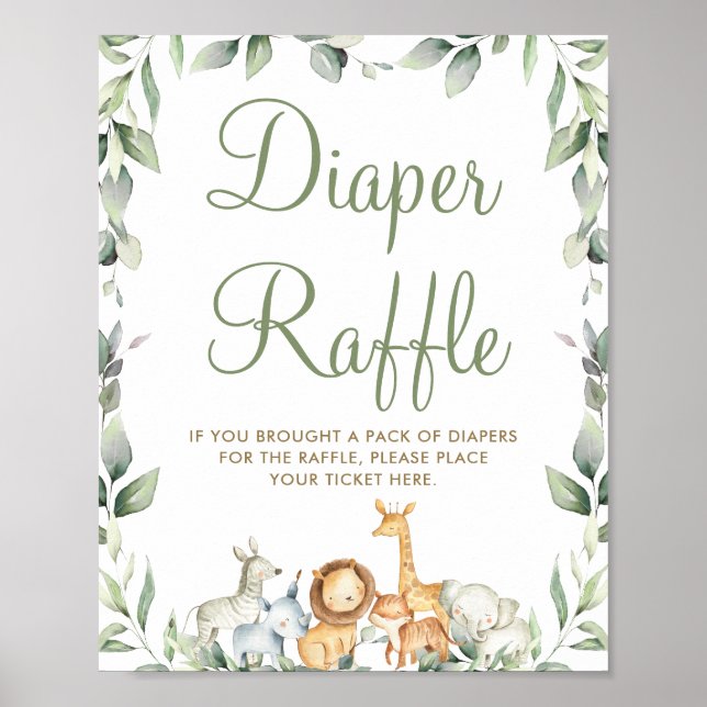 Jungle Animals Greenery Baby Shower Diaper Raffle Poster (Framsidan)