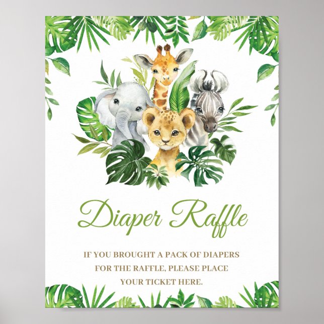 Jungle Animals Greenery Baby Shower Diaper Raffle Poster (Framsidan)