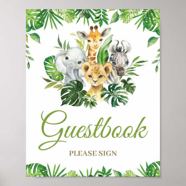 Jungle Animals Greenery Baby Shower Guestbook-teck Poster (Framsidan)