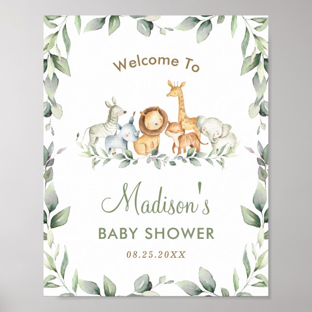 Jungle Animals Greenery Baby Shower Välkomsttecken Poster (Framsidan)