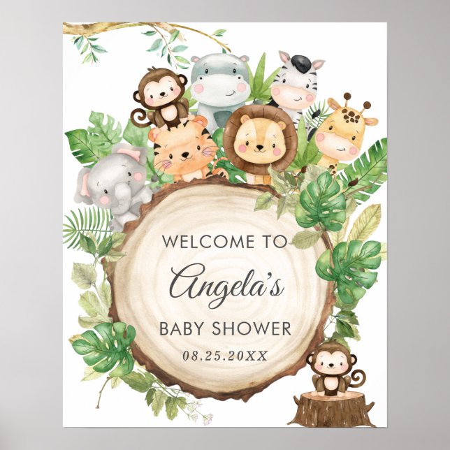 Jungle Animals Greenery Baby Shower Välkomsttecken Poster (Framsidan)